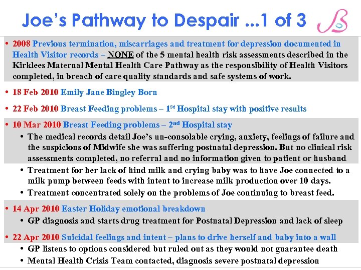 Joe’s Pathway to Despair. . . 1 of 3 • 2008 Previous termination, miscarriages