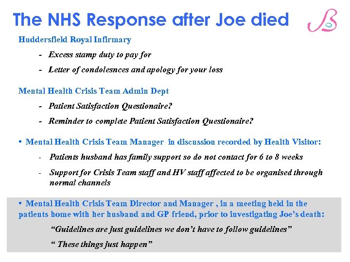 The NHS Response after Joe died Huddersfield Royal Infirmary - Excess stamp duty to