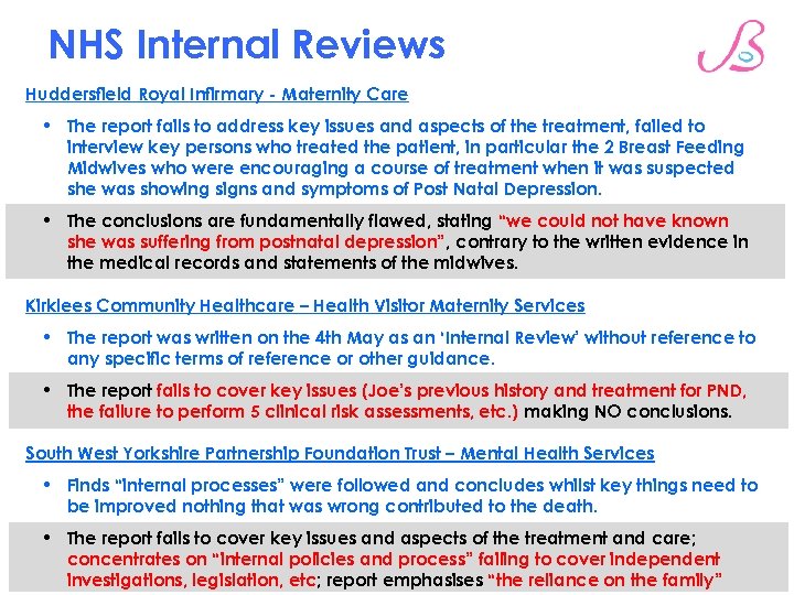 NHS Internal Reviews Huddersfield Royal Infirmary - Maternity Care • The report fails to