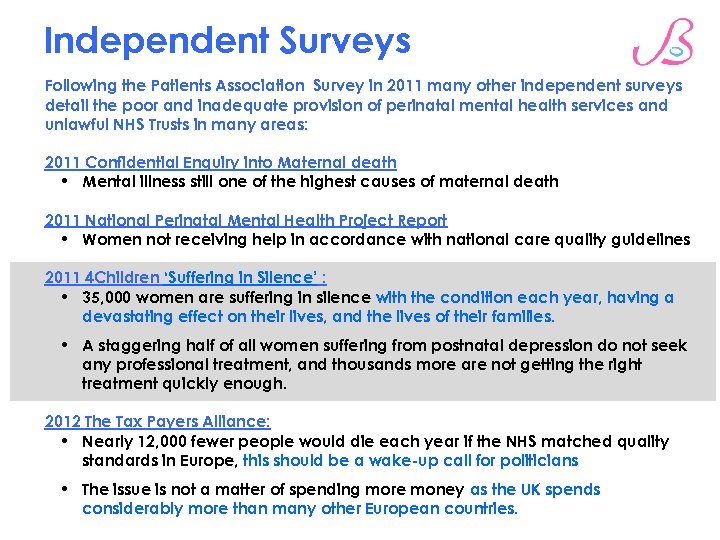 Independent Surveys Following the Patients Association Survey in 2011 many other independent surveys detail