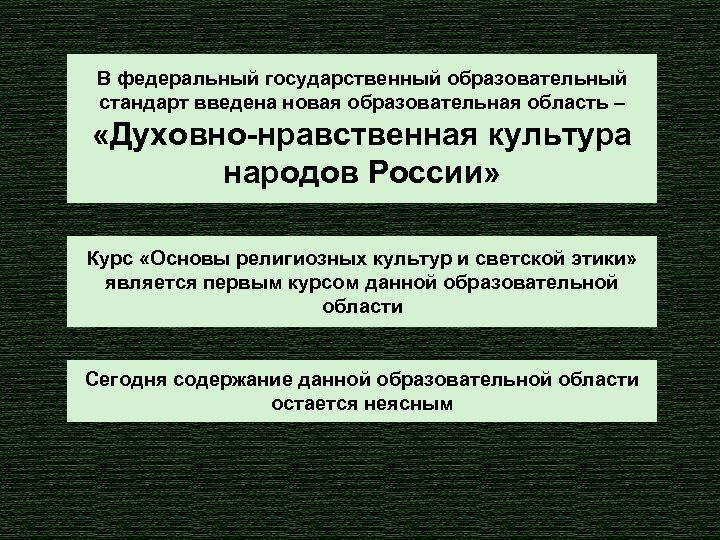 В федеральный государственный образовательный стандарт введена новая образовательная область – «Духовно-нравственная культура народов России»