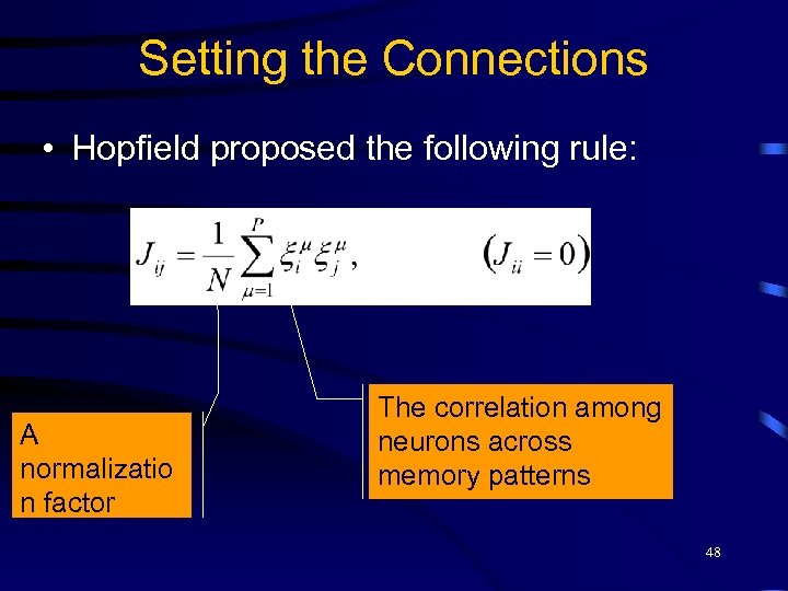 Setting the Connections • Hopfield proposed the following rule: A normalizatio n factor The