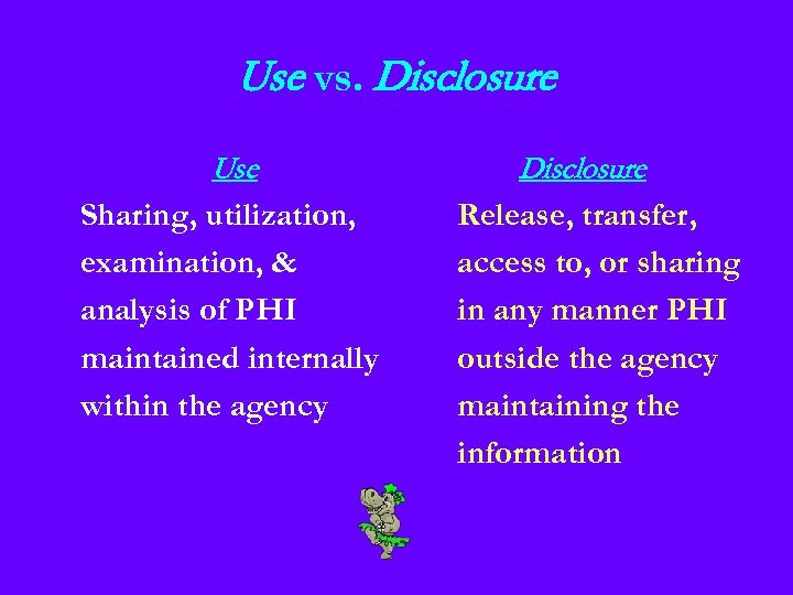 Use vs. Disclosure Use Sharing, utilization, examination, & analysis of PHI maintained internally within