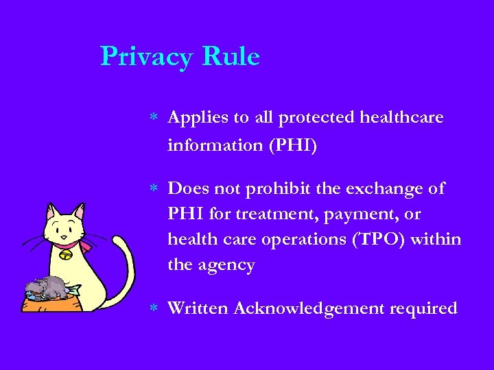 Privacy Rule * Applies to all protected healthcare information (PHI) * Does not prohibit