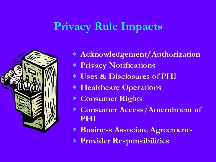 Privacy Rule Impacts * * * Acknowledgement/Authorization Privacy Notifications Uses & Disclosures of PHI