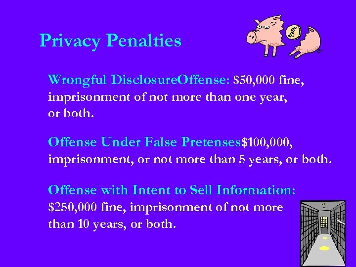 Privacy Penalties Wrongful Disclosure. Offense: $50, 000 fine, imprisonment of not more than one