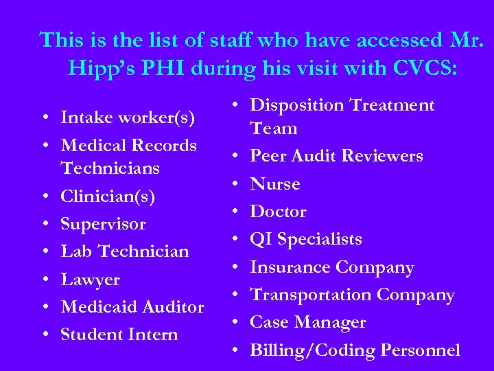 This is the list of staff who have accessed Mr. Hipp’s PHI during his