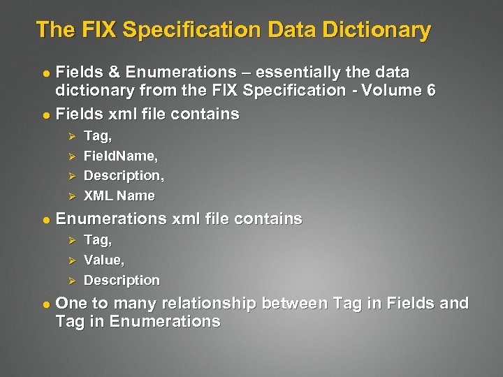 The FIX Specification Data Dictionary Fields & Enumerations – essentially the data dictionary from