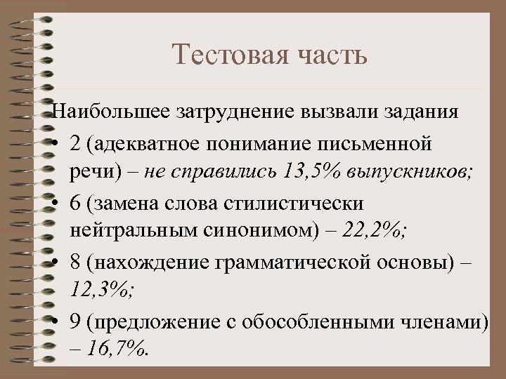 Тестовая часть Наибольшее затруднение вызвали задания • 2 (адекватное понимание письменной речи) – не
