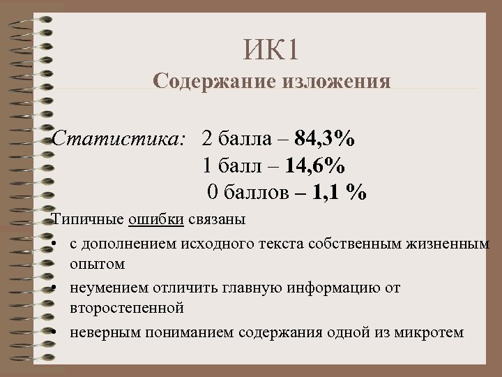 ИК 1 Содержание изложения Статистика: 2 балла – 84, 3% 1 балл – 14,