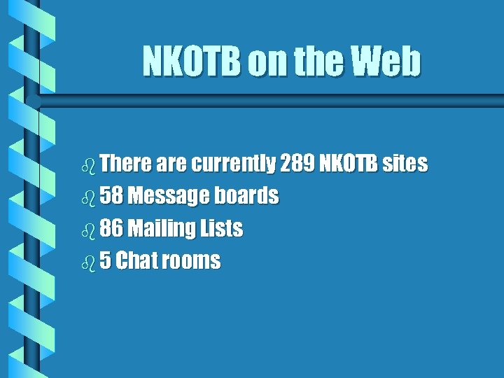 NKOTB on the Web b There are currently 289 NKOTB sites b 58 Message