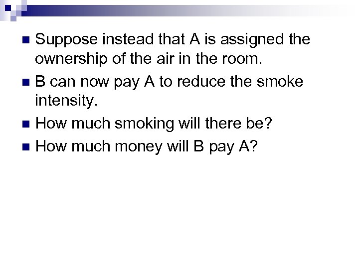 Suppose instead that A is assigned the ownership of the air in the room.