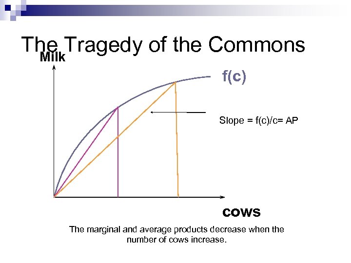 The Tragedy of the Commons Milk f(c) Slope = f(c)/c= AP cows The marginal