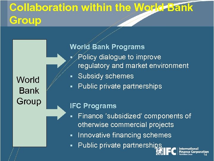Collaboration within the World Bank Group World Bank Programs § Policy dialogue to improve