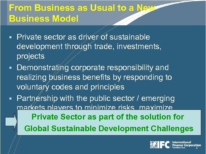 From Business as Usual to a New Business Model Private sector as driver of