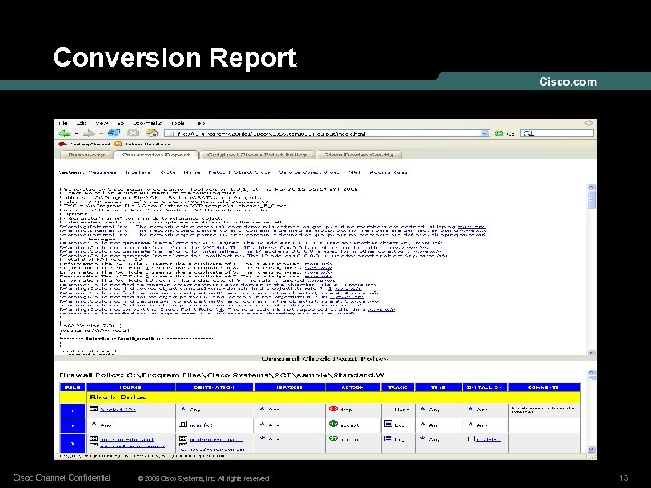 Conversion Report Cisco Channel Confidential © 2006 Cisco Systems, Inc. All rights reserved. 13