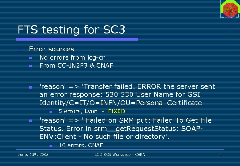 FTS testing for SC 3 o Error sources n n n No errors from