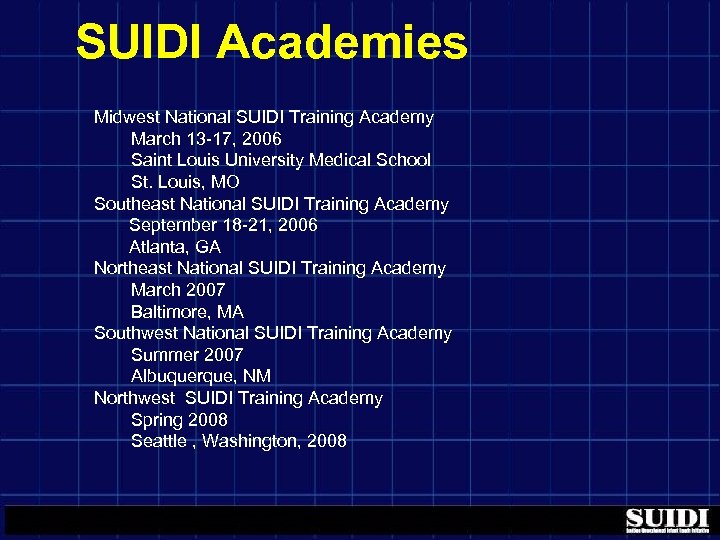 SUIDI Academies Midwest National SUIDI Training Academy March 13 -17, 2006 Saint Louis University