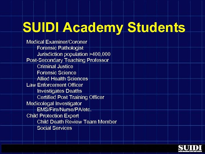 SUIDI Academy Students Medical Examiner/Coroner Forensic Pathologist Jurisdiction population >400, 000 Post-Secondary Teaching Professor