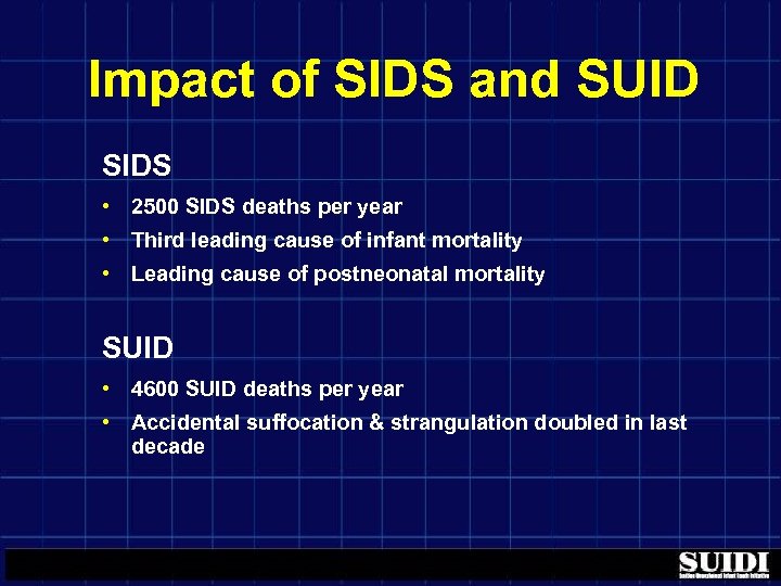 Impact of SIDS and SUID SIDS • 2500 SIDS deaths per year • Third