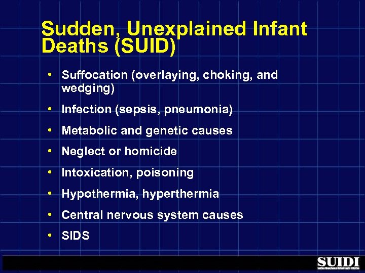 Sudden, Unexplained Infant Deaths (SUID) • Suffocation (overlaying, choking, and wedging) • Infection (sepsis,