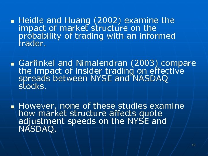 n n n Heidle and Huang (2002) examine the impact of market structure on