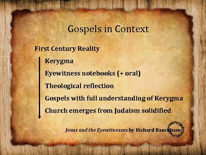 Gospels in Context First Century Reality Kerygma Eyewitness notebooks (+ oral) Theological reflection Gospels