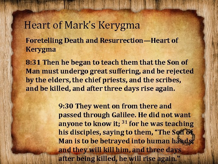 Heart of Mark’s Kerygma Foretelling Death and Resurrection—Heart of Kerygma 8: 31 Then he
