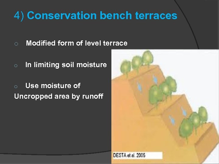 4) Conservation bench terraces o Modified form of level terrace o In limiting soil