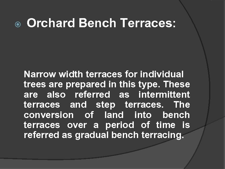  Orchard Bench Terraces: Narrow width terraces for individual trees are prepared in this