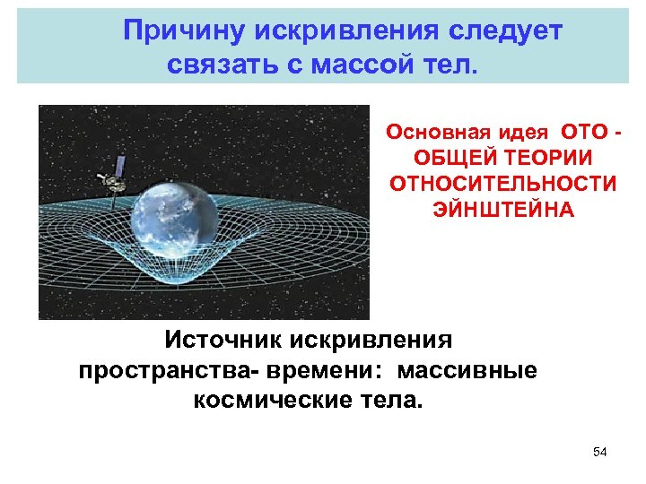 Причину искривления следует связать с массой тел. Основная идея ОТО ОБЩЕЙ ТЕОРИИ ОТНОСИТЕЛЬНОСТИ ЭЙНШТЕЙНА