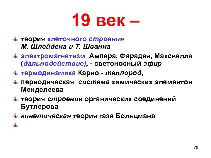 19 век – теория клеточного строения М. Шлейдена и Т. Шванна электромагнетизм Ампера, Фарадея,