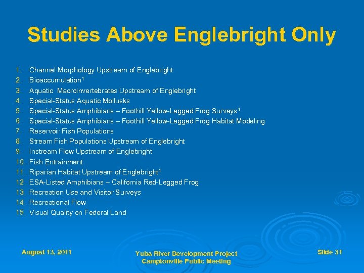 Studies Above Englebright Only 1. 2. 3. 4. 5. 6. 7. 8. 9. 10.