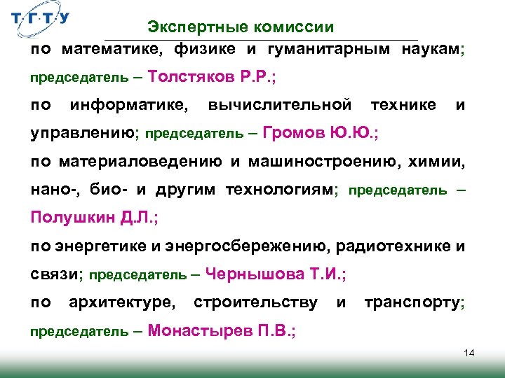 Экспертные комиссии по математике, физике и гуманитарным наукам; председатель – Толстяков Р. Р. ;