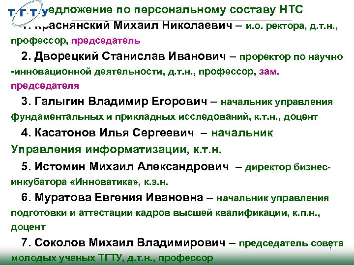 Предложение по персональному составу НТС 1. Краснянский Михаил Николаевич – и. о. ректора, д.