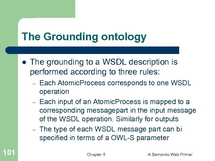 The Grounding ontology l The grounding to a WSDL description is performed according to