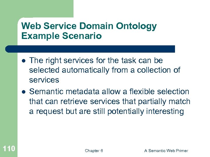 Web Service Domain Ontology Example Scenario l l 110 The right services for the