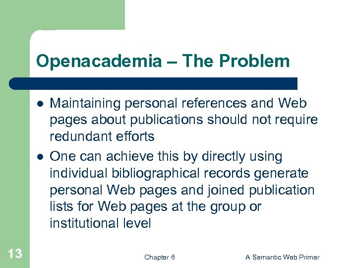 Openacademia – The Problem l l 13 Maintaining personal references and Web pages about