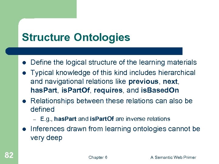 Structure Ontologies l l l Define the logical structure of the learning materials Typical