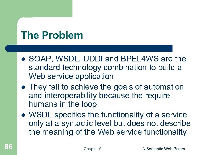 The Problem l l l 86 SOAP, WSDL, UDDI and BPEL 4 WS are