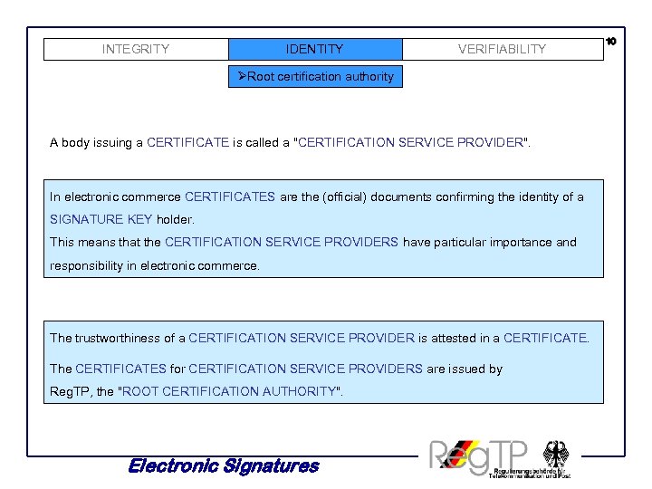 INTEGRITY IDENTITY VERIFIABILITY ØRoot certification authority A body issuing a CERTIFICATE is called a