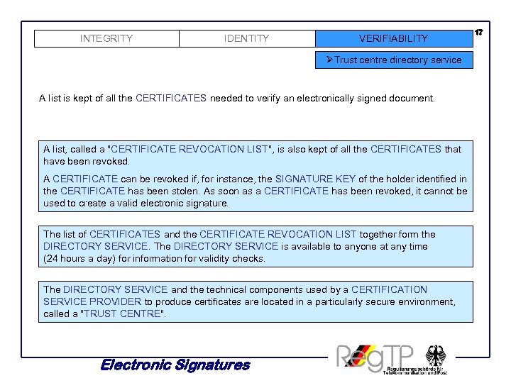 INTEGRITY IDENTITY VERIFIABILITY ØTrust centre directory service A list is kept of all the