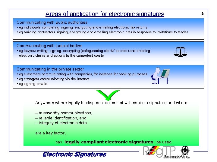 Areas of application for electronic signatures Communicating with public authorities • eg individuals completing,