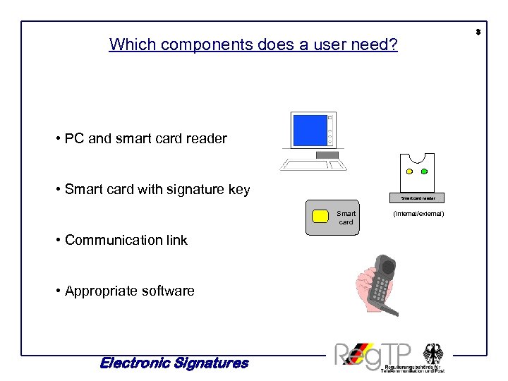 3 Which components does a user need? • PC and smart card reader •