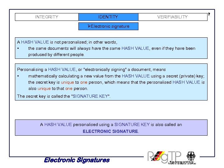 INTEGRITY IDENTITY VERIFIABILITY ØElectronic signature A HASH VALUE is not personalised; in other words,