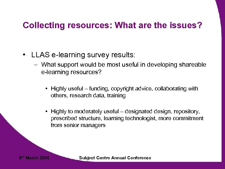 Collecting resources: What are the issues? • LLAS e-learning survey results: – What support