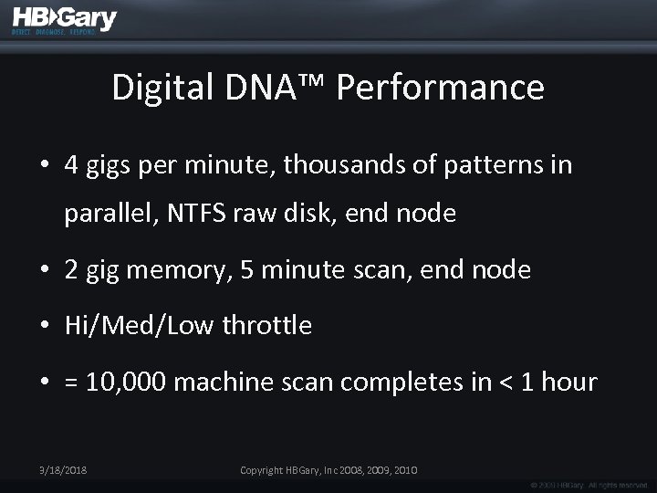 Digital DNA™ Performance • 4 gigs per minute, thousands of patterns in parallel, NTFS