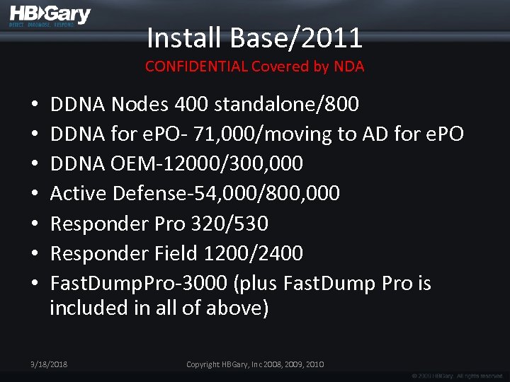 Install Base/2011 CONFIDENTIAL Covered by NDA • • DDNA Nodes 400 standalone/800 DDNA for