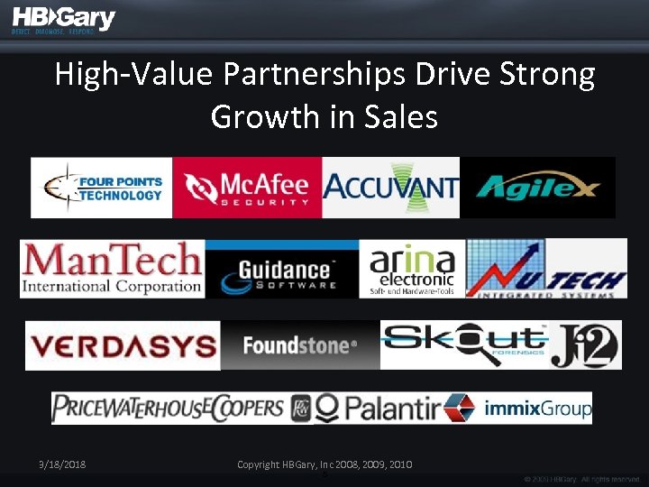 High-Value Partnerships Drive Strong Growth in Sales 3/18/2018 Copyright HBGary, Inc 2008, 2009, 2010