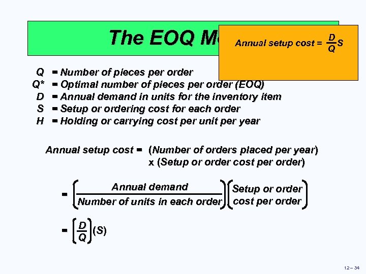 D The EOQ Model setup cost = Q S Annual Q Q* D S